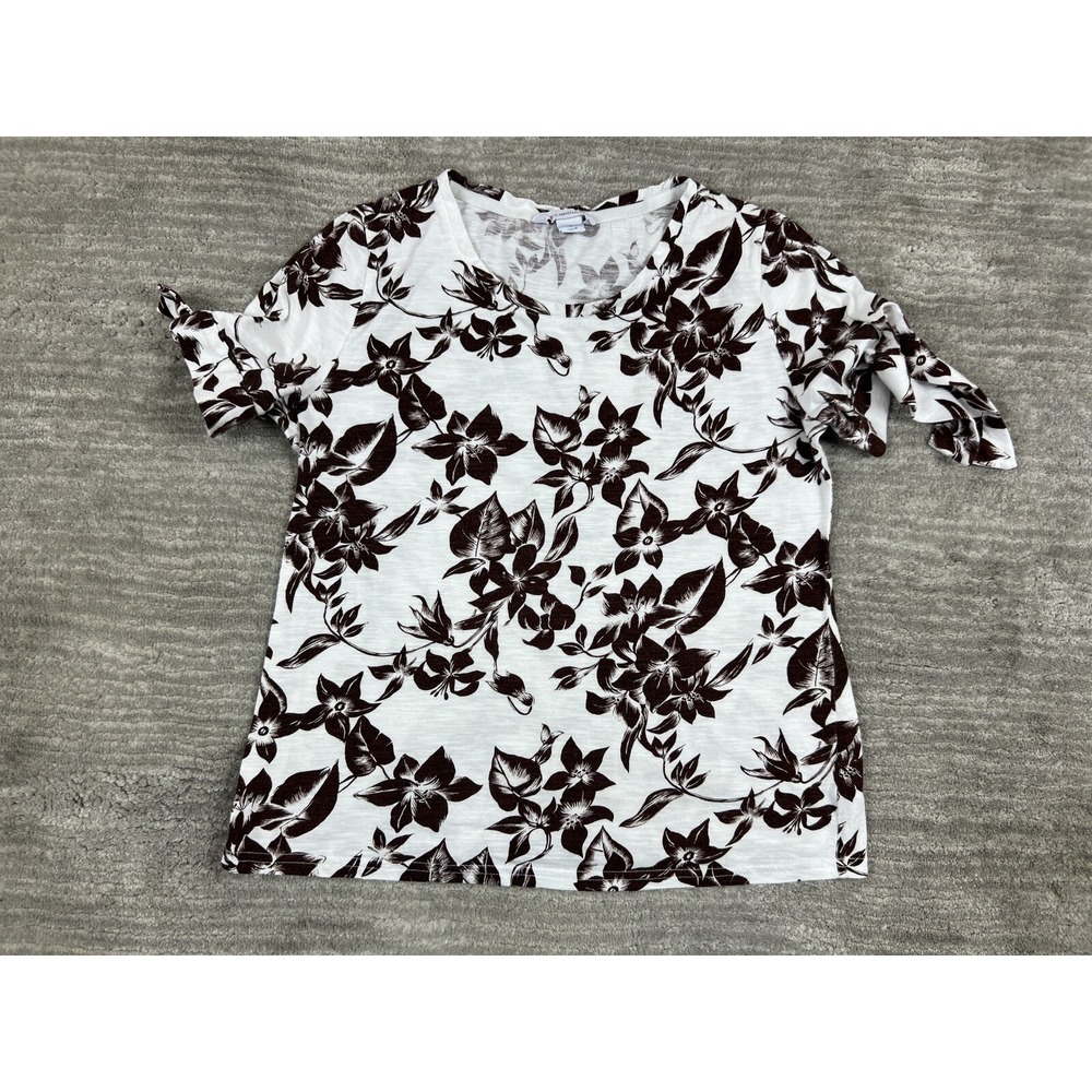 Liz Claiborne Top Womens S White Brown Floral Slub‎ Knit Tie Sleeve Scoop Neck